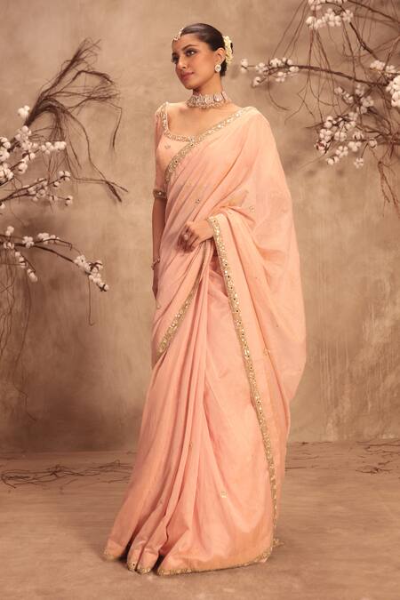 Buy_Label Niti Bothra_Pink Tissue Mirrors, Zari Round Neck Light Zardosi Embroidered Saree Set _Online_at_Aza_Fashions