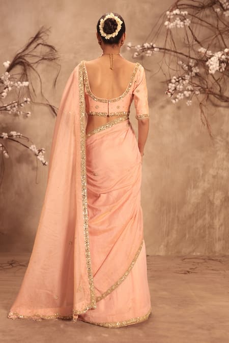 Shop_Label Niti Bothra_Pink Tissue Mirrors, Zari Round Neck Light Zardosi Embroidered Saree Set _at_Aza_Fashions