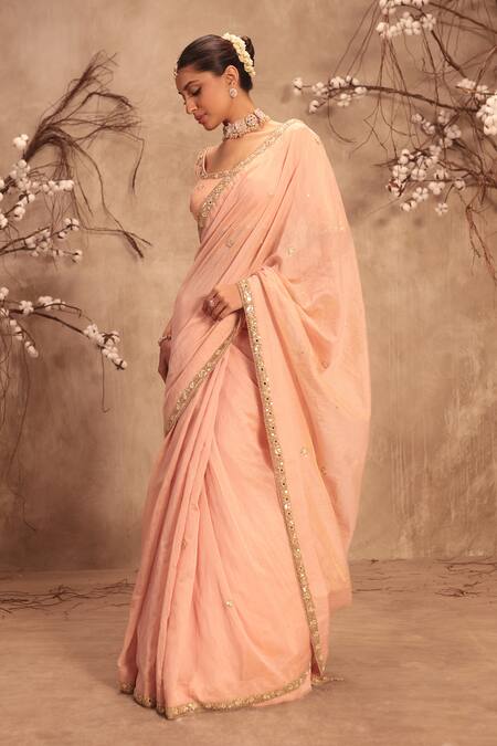 Shop_Label Niti Bothra_Pink Tissue Mirrors, Zari Round Neck Light Zardosi Embroidered Saree Set _Online_at_Aza_Fashions