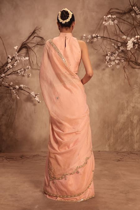 Shop Label Niti Bothra Pink Tissue Choker Neck Embroidered Light Saree Set at Aza Fashions Shop_Label Niti Bothra_Pink Tissue Choker Neck Embroidered Light Saree Set _at_Aza_Fashions