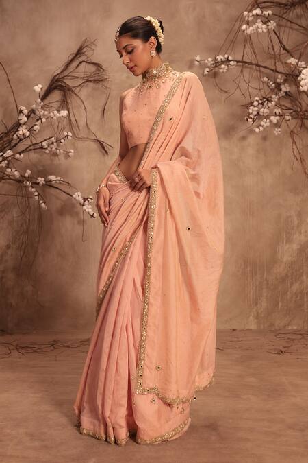 Label Niti Bothra Pink Tissue Choker Neck Embroidered Light Saree Set Online at Aza Fashions Label Niti Bothra_Pink Tissue Choker Neck Embroidered Light Saree Set _Online_at_Aza_Fashions