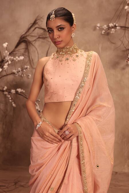 Buy Label Niti Bothra Pink Tissue Choker Neck Embroidered Light Saree Set Online at Aza Fashions Buy_Label Niti Bothra_Pink Tissue Choker Neck Embroidered Light Saree Set _Online_at_Aza_Fashions