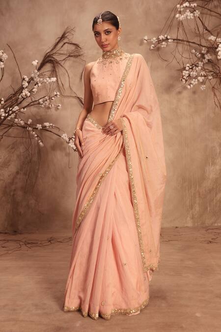 Shop Label Niti Bothra Pink Tissue Choker Neck Embroidered Light Saree Set Online at Aza Fashions Shop_Label Niti Bothra_Pink Tissue Choker Neck Embroidered Light Saree Set _Online_at_Aza_Fashions
