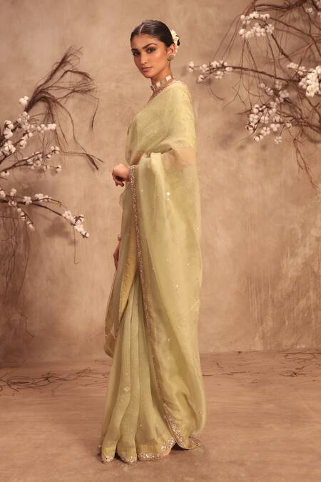 Label Niti Bothra_Green Organza Mirrors, Embroidery Round Neck Light Zardosi Saree Set _Online_at_Aza_Fashions