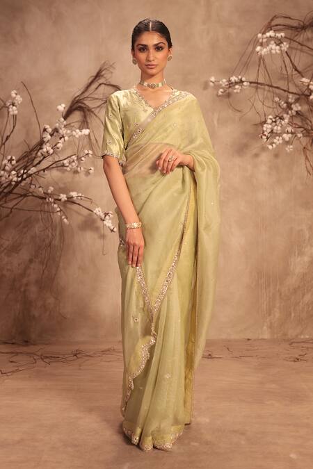 Buy_Label Niti Bothra_Green Organza Mirrors, Embroidery Round Neck Light Zardosi Saree Set _Online_at_Aza_Fashions