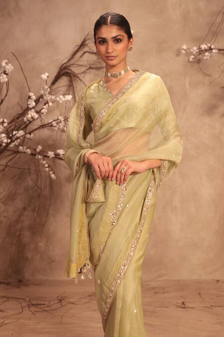 Shop_Label Niti Bothra_Green Organza Mirrors, Embroidery Round Neck Light Zardosi Saree Set _Online_at_Aza_Fashions