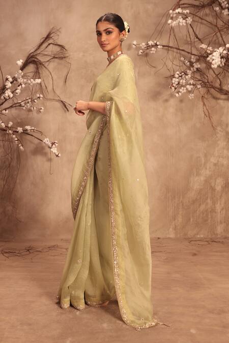 Label Niti Bothra_Green Organza Mirrors, Embroidery Round Neck Light Zardosi Saree Set _at_Aza_Fashions