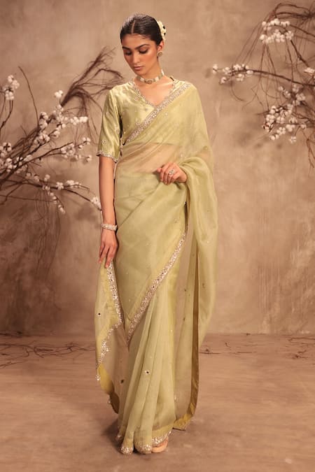 Shop_Label Niti Bothra_Green Organza Mirrors, Embroidery Round Neck Light Zardosi Saree Set _at_Aza_Fashions