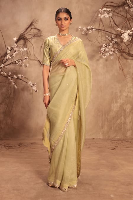 Label Niti Bothra Light Green Zardosi Embroidered Saree Set 