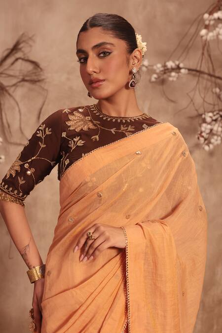 Shop Label Niti Bothra Orange Tissue Mirrors, Zari Embroidered Saree Set Online at Aza Fashions Shop_Label Niti Bothra_Orange Tissue Mirrors, Zari Embroidered Saree Set _Online_at_Aza_Fashions