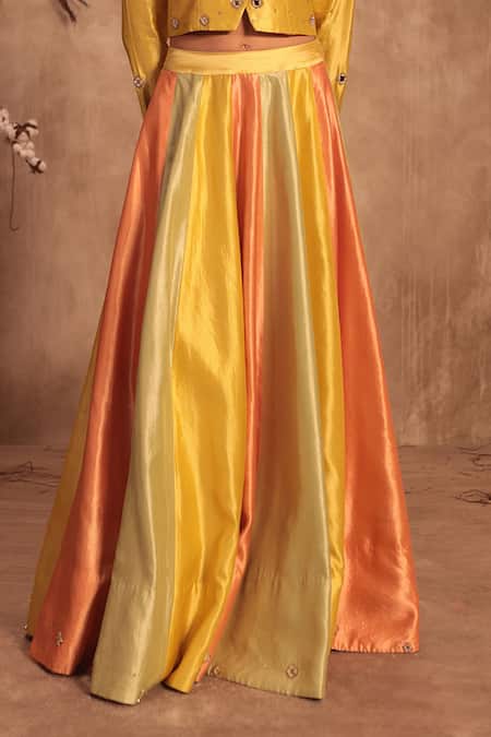 Label Niti Bothra_Yellow Silk Zari, Mirrors V-neck Embroidered Lehenga Set _Online_at_Aza_Fashions