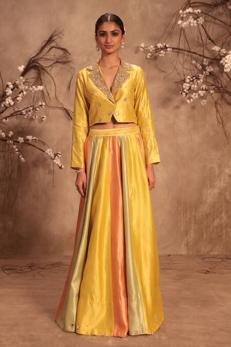 Buy_Label Niti Bothra_Yellow Silk Zari, Mirrors V-neck Embroidered Lehenga Set _Online_at_Aza_Fashions