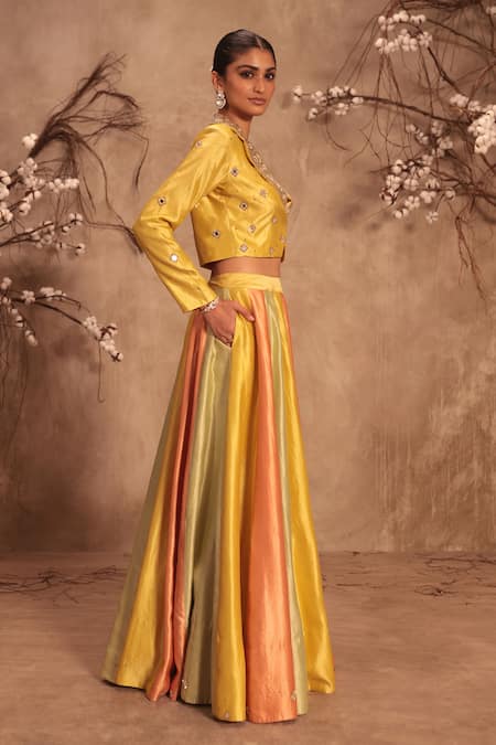 Shop_Label Niti Bothra_Yellow Silk Zari, Mirrors V-neck Embroidered Lehenga Set _Online_at_Aza_Fashions