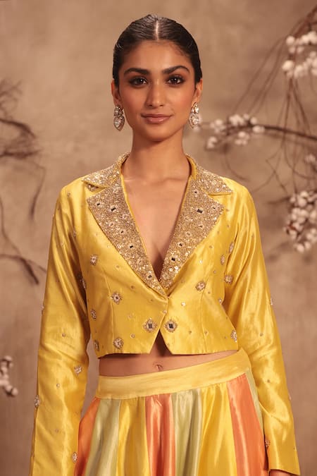 Label Niti Bothra_Yellow Silk Zari, Mirrors V-neck Embroidered Lehenga Set _at_Aza_Fashions