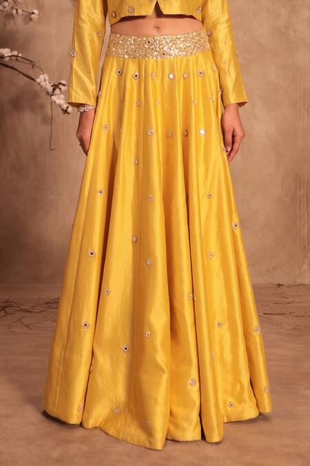 Label Niti Bothra_Yellow Silk Mirrors, Zari V-neck Heavily Embroidered Lehenga Set _Online_at_Aza_Fashions