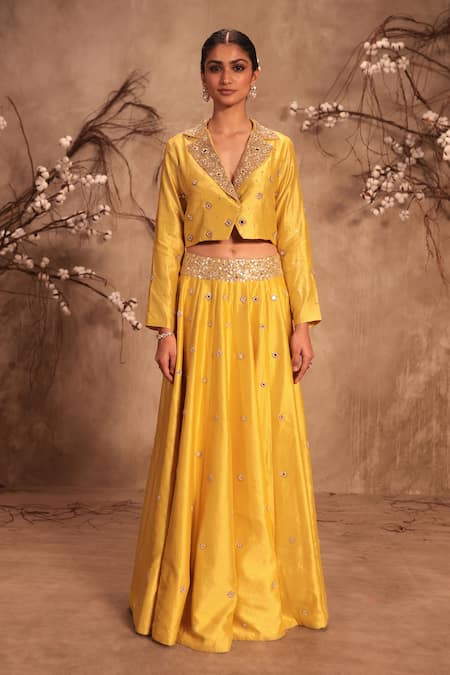 Shop_Label Niti Bothra_Yellow Silk Mirrors, Zari V-neck Heavily Embroidered Lehenga Set _Online_at_Aza_Fashions