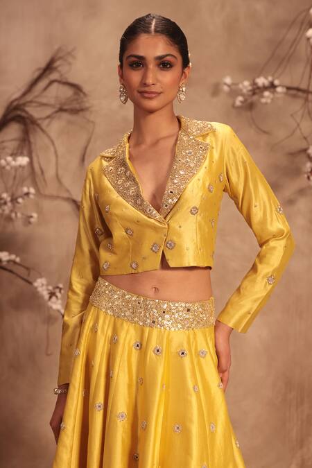 Label Niti Bothra_Yellow Silk Mirrors, Zari V-neck Heavily Embroidered Lehenga Set _at_Aza_Fashions