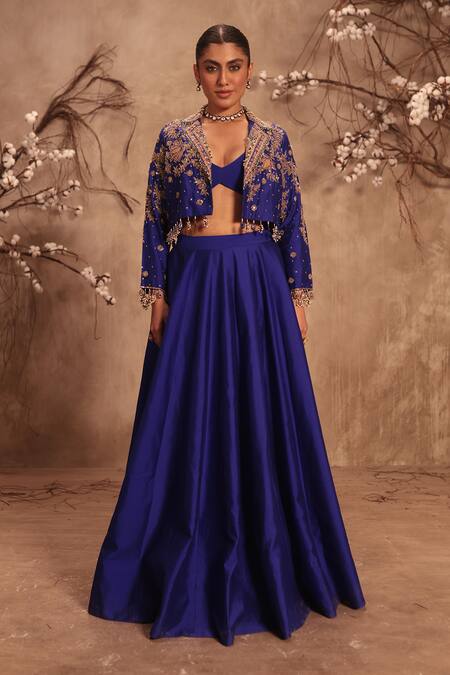 Label Niti Bothra_Blue Silk Pearls, Mirrors Round Neck Embroidered Lehenga Set _Online_at_Aza_Fashions
