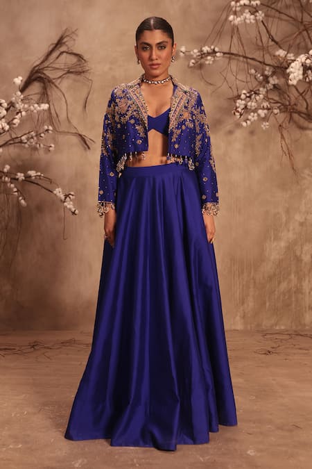 Buy_Label Niti Bothra_Blue Silk Pearls, Mirrors Round Neck Embroidered Lehenga Set _Online_at_Aza_Fashions