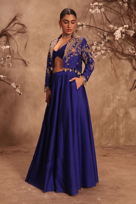 Shop_Label Niti Bothra_Blue Silk Pearls, Mirrors Round Neck Embroidered Lehenga Set _Online_at_Aza_Fashions