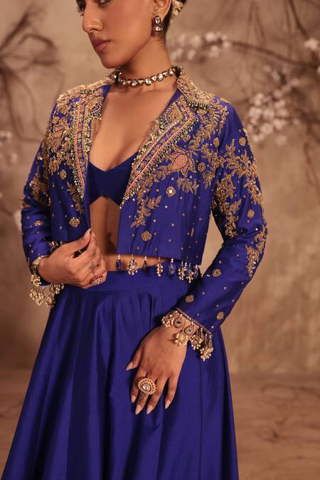 Label Niti Bothra_Blue Silk Pearls, Mirrors Round Neck Embroidered Lehenga Set _at_Aza_Fashions