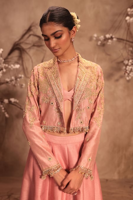 Shop Label Niti Bothra Pink Silk Pearls, Mirrors Open , Scoop Embroidered Light Lehenga Set Shop_Label Niti Bothra_Pink Silk Pearls, Mirrors Open , Scoop Embroidered Light Lehenga Set