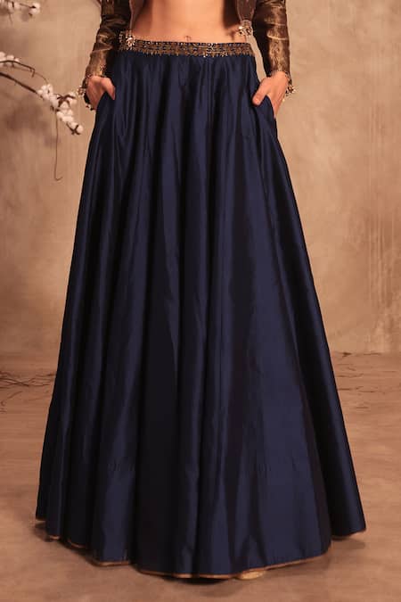 Label Niti Bothra_Gold Silk Pearls, Mirrors Round Neck Embroidered Jacket And Lehenga Set _Online_at_Aza_Fashions