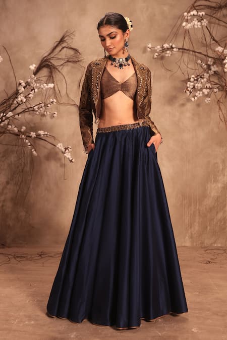Buy_Label Niti Bothra_Gold Silk Pearls, Mirrors Round Neck Embroidered Jacket And Lehenga Set _Online_at_Aza_Fashions