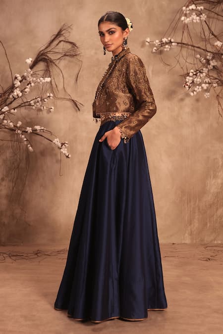 Shop_Label Niti Bothra_Gold Silk Pearls, Mirrors Round Neck Embroidered Jacket And Lehenga Set _Online_at_Aza_Fashions