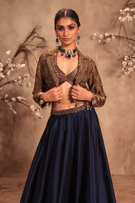 Label Niti Bothra_Gold Silk Pearls, Mirrors Round Neck Embroidered Jacket And Lehenga Set _at_Aza_Fashions