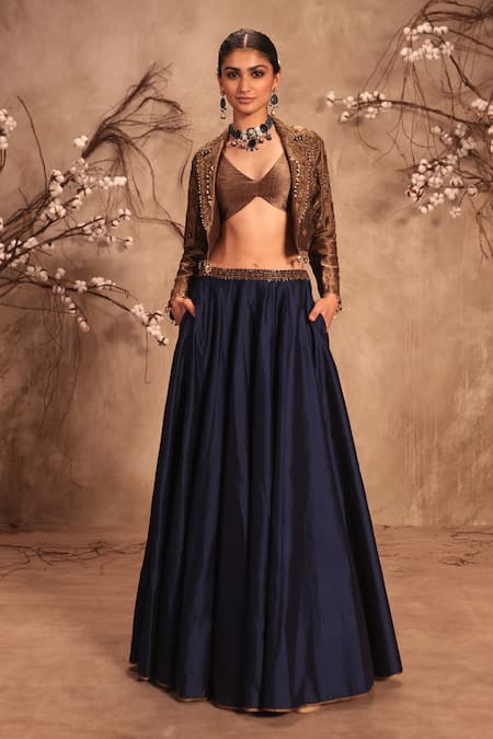 Buy_Label Niti Bothra_Gold Silk Pearls, Mirrors Round Neck Embroidered Jacket And Lehenga Set 
