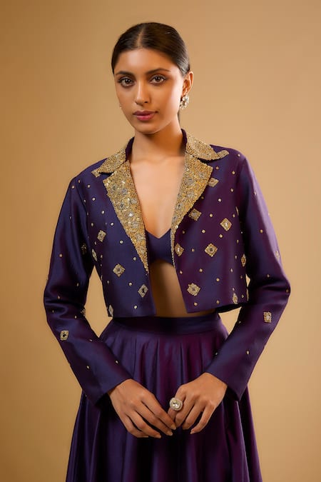 Label Niti Bothra_Purple Silk Zari, Mirrors V-, Scoop Embroidered Lehenga Set _Online_at_Aza_Fashions
