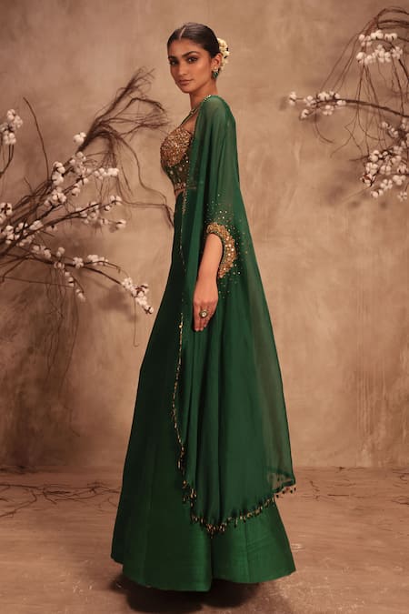 Label Niti Bothra_Green Silk, Organza Zari, Embroidery Sweetheart Neck, Open Emerald Lehenga Set _Online_at_Aza_Fashions