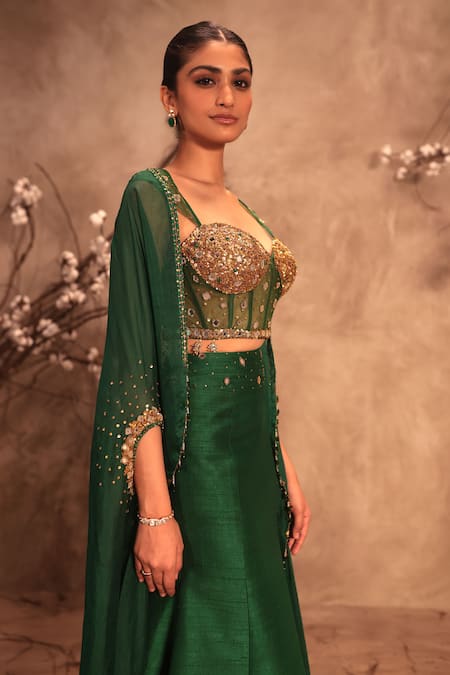 Buy_Label Niti Bothra_Green Silk, Organza Zari, Embroidery Sweetheart Neck, Open Emerald Lehenga Set _Online_at_Aza_Fashions