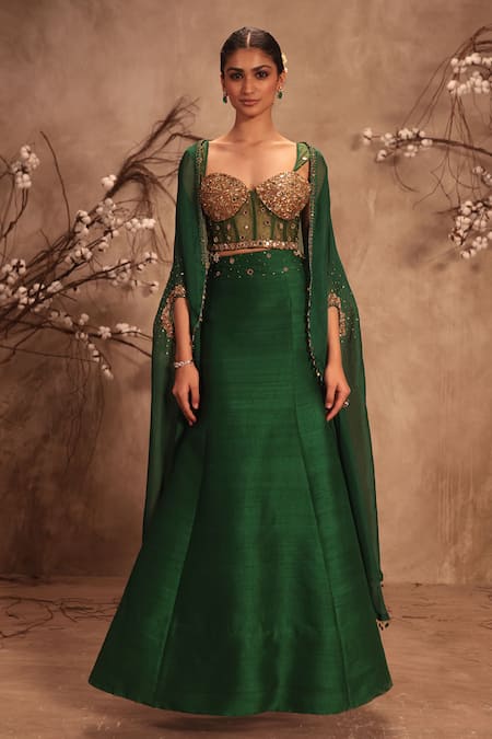Shop_Label Niti Bothra_Green Silk, Organza Zari, Embroidery Sweetheart Neck, Open Emerald Lehenga Set _Online_at_Aza_Fashions