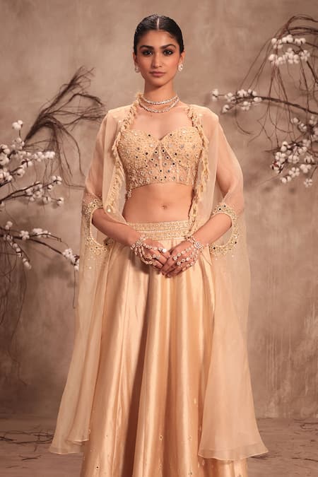 Label Niti Bothra_Cream Silk, Organza Zari, Mirrors Round Neck Embroidered Lehenga Cape Corset Set _Online_at_Aza_Fashions