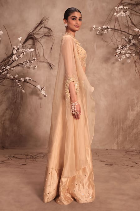 Buy_Label Niti Bothra_Cream Silk, Organza Zari, Mirrors Round Neck Embroidered Lehenga Cape Corset Set _Online_at_Aza_Fashions