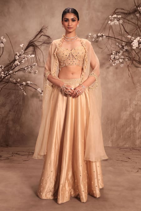 Shop_Label Niti Bothra_Cream Silk, Organza Zari, Mirrors Round Neck Embroidered Lehenga Cape Corset Set _Online_at_Aza_Fashions