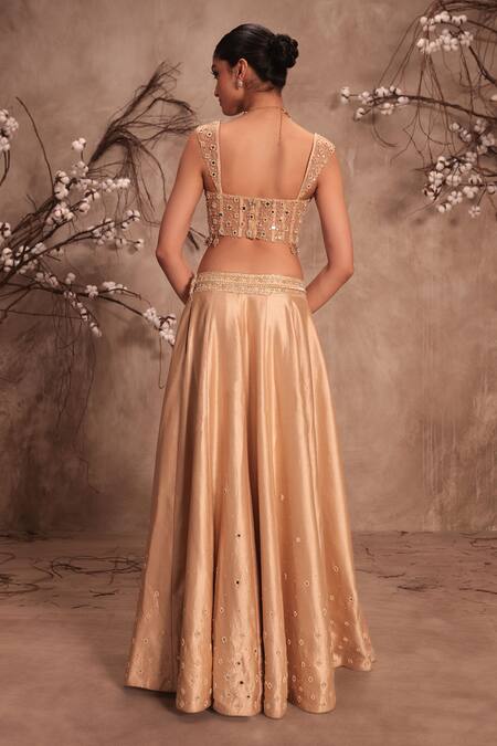 Label Niti Bothra_Cream Silk, Organza Zari, Mirrors Round Neck Embroidered Lehenga Cape Corset Set _at_Aza_Fashions