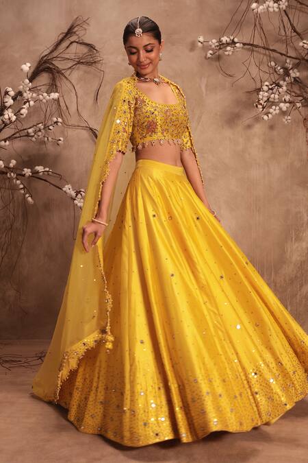 Buy_Label Niti Bothra_Yellow Silk, Organza Zari, Mirrors, Tassels Zardosi Embroidered Lehenga Set _Online_at_Aza_Fashions