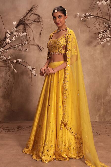 Shop_Label Niti Bothra_Yellow Silk, Organza Zari, Mirrors, Tassels Zardosi Embroidered Lehenga Set _Online_at_Aza_Fashions