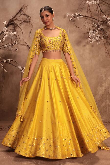 Buy_Label Niti Bothra_Yellow Silk, Organza Zari, Mirrors, Tassels Zardosi Embroidered Lehenga Set 