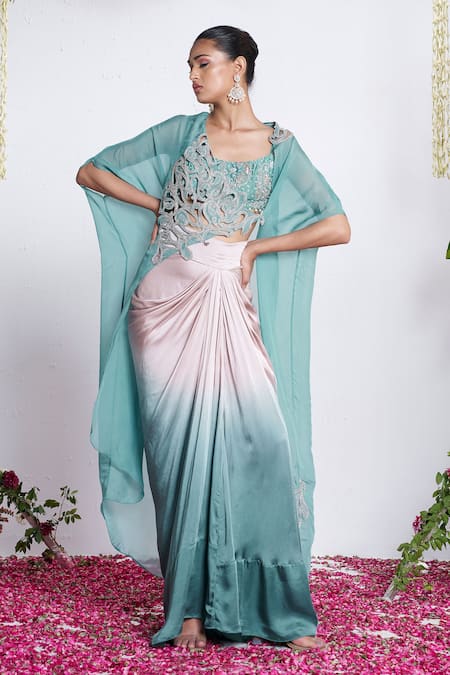 Amrta By Guneet Kondal Sky Blue Cutwork Cape & Skirt Set 