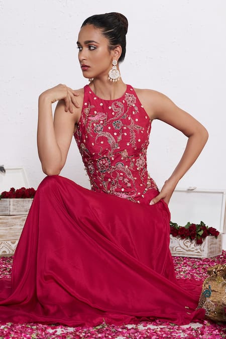 Amrta By Guneet Kondal_Pink Silk, Shantoon Beads, Sequins High Neck Hand Embroidered Skirt And Blouse Set _Online_at_Aza_Fashions