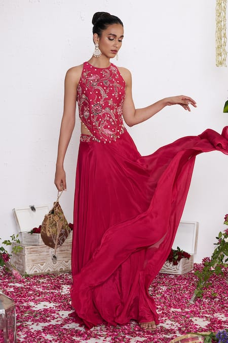 Shop_Amrta By Guneet Kondal_Pink Silk, Shantoon Beads, Sequins High Neck Hand Embroidered Skirt And Blouse Set _Online_at_Aza_Fashions