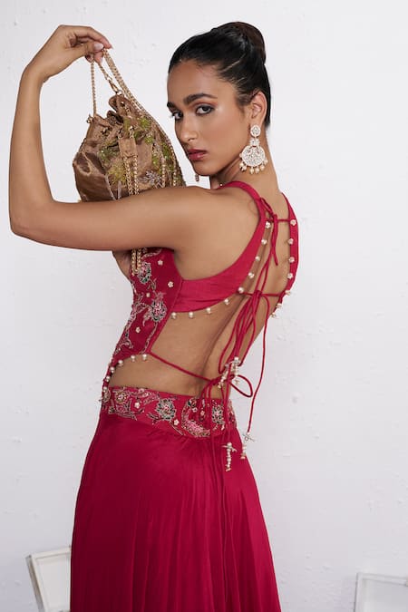 Amrta By Guneet Kondal_Pink Silk, Shantoon Beads, Sequins High Neck Hand Embroidered Skirt And Blouse Set _at_Aza_Fashions