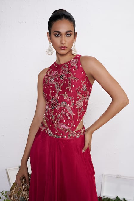 Buy_Amrta By Guneet Kondal_Pink Silk, Shantoon Beads, Sequins High Neck Hand Embroidered Skirt And Blouse Set 