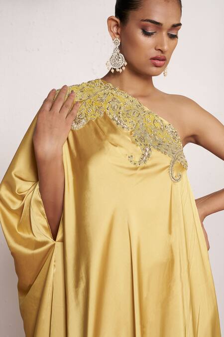 Amrta By Guneet Kondal_Yellow Satin, Viscose, Shantoon Embroidery Asymmetric Adda Work Kaftan Dress _Online_at_Aza_Fashions