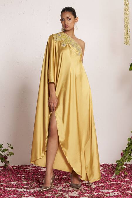 Buy_Amrta By Guneet Kondal_Yellow Satin, Viscose, Shantoon Embroidery Asymmetric Adda Work Kaftan Dress _Online_at_Aza_Fashions