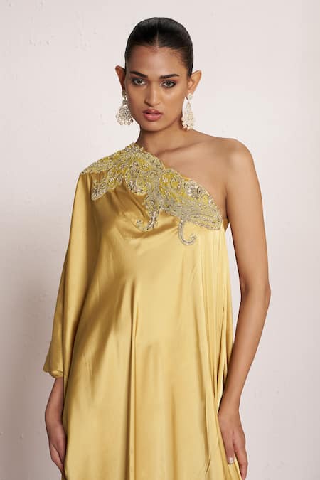 Shop_Amrta By Guneet Kondal_Yellow Satin, Viscose, Shantoon Embroidery Asymmetric Adda Work Kaftan Dress _Online_at_Aza_Fashions
